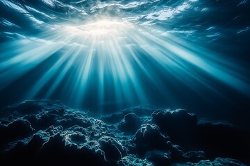 Poster - Breathtaking underwater scene with sun rays penetrating surface illuminating ocean floor in dazzling blue hues : Generative AI