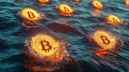 Poster - Digital Rendering of Bitcoin Coins Surrounded by Surging Waves in a Dramatic Setting : Generative AI