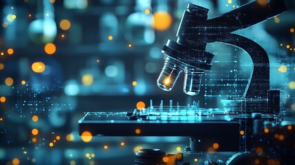 Fototapete - Futuristic Microscope on Laboratory Table Surrounded by Blurred Laboratory Equipment in a Science Backdrop : Generative AI