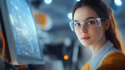 Poster - The Visionary Tech: A focused woman, immersed in the world of technology, intently examines a glowing computer monitor. Her gaze reflects the digital universe. 