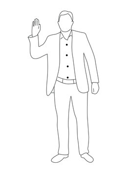 Standing Business Man Raising Hand Greeting Gesture Line Art. People at work and activities vector