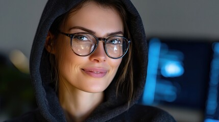 Poster - Confident Tech Savvy Woman in Hoodie and Glasses Smiling for Camera