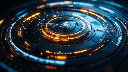 Leinwandbilder - Futuristic digital interface design featuring glowing orange patterns on a sleek black background with circular motion effects : Generative AI