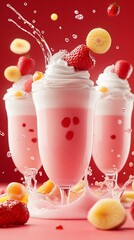 Poster - Refreshing strawberry banana milkshake topped with whipped cream and fresh fruit in a vibrant setting : Generative AI