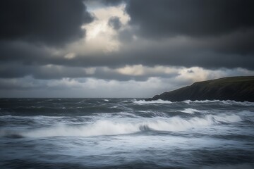 Poster - Dramatic seascape with dark clouds looming over turbulent ocean waves crashing against the shore : Generative AI
