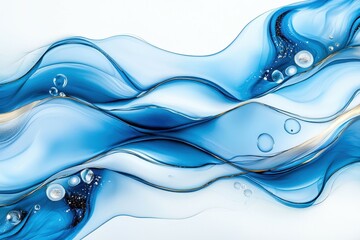 Poster - Abstract blue waves with bubbles and golden accents create a serene aquatic vibe.