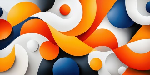 Poster - Colorful abstract design with curves, circles, and waves in vibrant orange, blue, and white.
