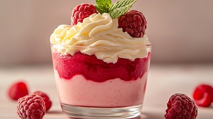Poster - Delicious Raspberry Dessert with Cream and Mint Leaves in a Glass Cup : Generative AI