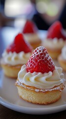 Poster - Delicious strawberry tart with whipped cream and powdered sugar served on a white plate : Generative AI