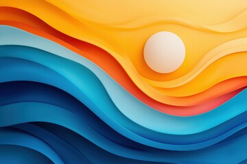 Poster - Vibrant abstract waves in blue and orange with a circular sun on a serene background.