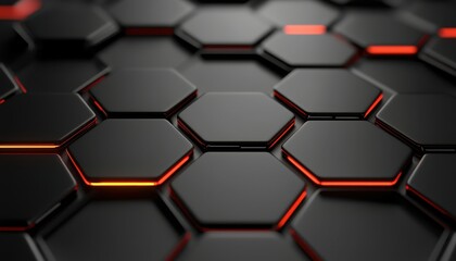 Fototapete - Abstract black hexagonal patterns with glowing orange accents.