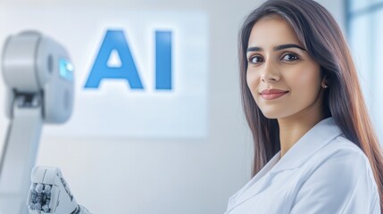 Poster - AI and Woman Portrait: A visionary woman in a lab coat and modern robot engaged with intelligent AI, symbolizing future innovation, cutting-edge science, and technology's evolution.