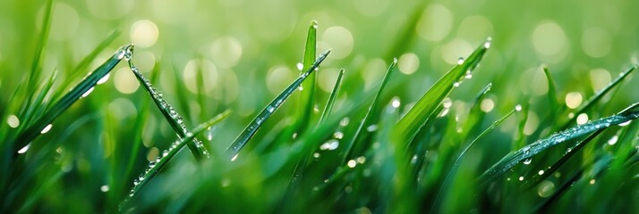 Aufkleber - Morning dewdrops glisten on green grass creating a serene macro view of nature in early daylight hours