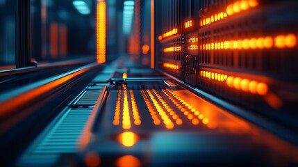 Fototapete - Stunning view of illuminated server room with glowing orange lights showcasing modern technology and networks : Generative AI