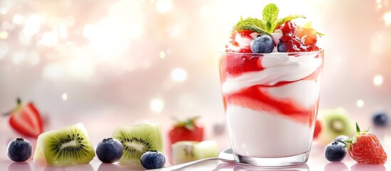 Aufkleber - Deliciously vibrant yogurt parfait with fresh fruits and mint garnished beautifully, perfect for healthy dessert lovers : Generative AI