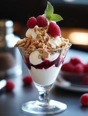 Poster - Delicious Raspberry Parfait Layered with Cream and Crunchy Toppings in a Glass : Generative AI