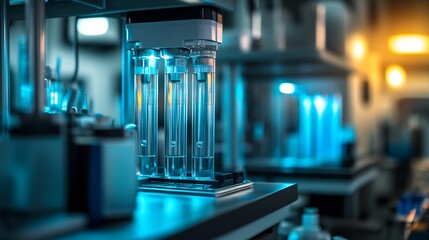 Poster - High Tech Laboratory Setting with Glass Test Tubes and Bright Blue Lighting : Generative AI