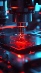 Leinwandbilder - High precision laser equipment focusing on a droplet over a microchip glowing under red light : Generative AI
