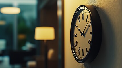 Poster - Vintage Black Wall Clock with Roman Numerals and Elegant Design in a Cozy Room Setting : Generative AI