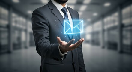 Corporate Man Presenting Glowing Email Icon in High-Tech Communication Scene.