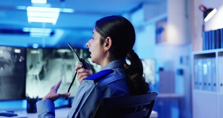 Poster - Screen, security guard and woman with radio, surveillance and inspection of footage on monitor and night. Control room, law enforcement and person with tech for communication, service and protection