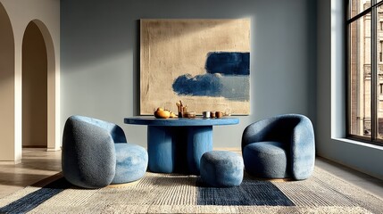 Poster - A modern, cozy interior featuring a circular blue table and plush chairs, complemented by abstract wall art and large windows allowing natural light, Modern Minimalist Architecture.