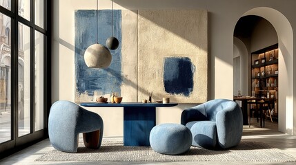 Poster - A modern interior featuring stylish blue furniture, a textured artwork, and a cozy atmosphere illuminated by natural light, Modern Minimalist Architecture.