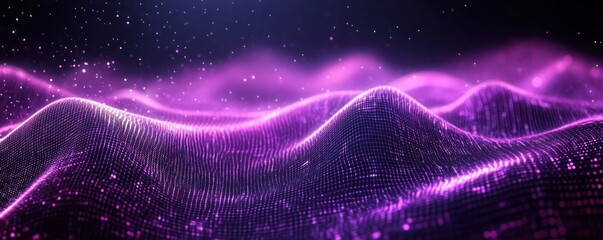 Abstract purple waves with digital data stream against a dark background.