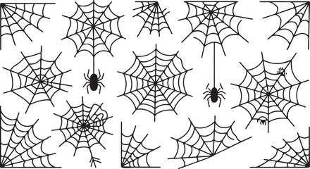 Spider web silhouette vector set spooky Halloween cobwebs with spiders, black isolated creepy net icons, horror decoration elements