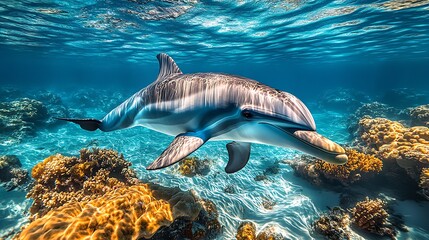 Poster - Majestic dolphin swimming gracefully through a vibrant coral reef in crystal clear ocean water : Generative AI