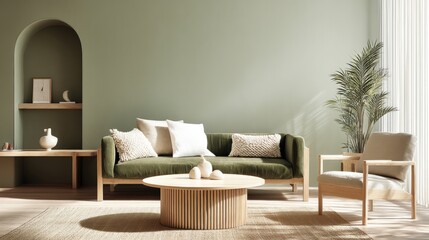 Poster - A minimalist living room featuring a green sofa, wooden furniture, and a potted plant, creating a serene and stylish atmosphere, Modern Minimalist Architecture.