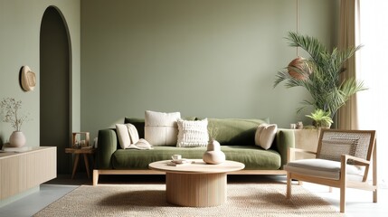 Poster - A serene living room featuring a green sofa, neutral decor, wooden furniture, and plants, creating a calming and inviting atmosphere, Modern Minimalist Architecture.