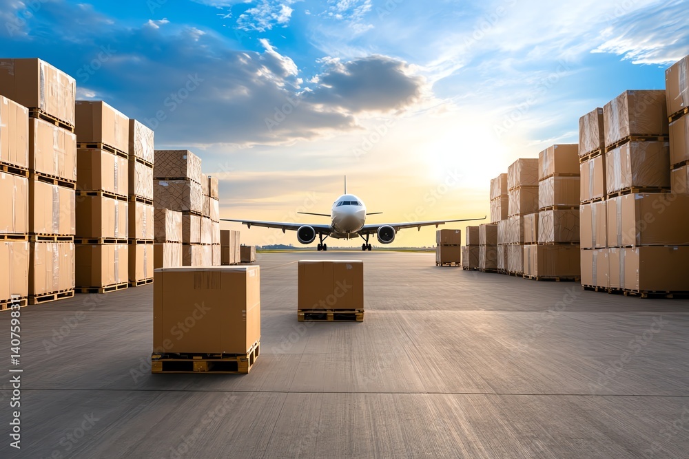 Airplane on runway surrounded by shipping pallets and labeled cargo ...