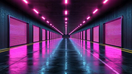 Poster - Pink and Blue Neon Corridor with Reflective Floor