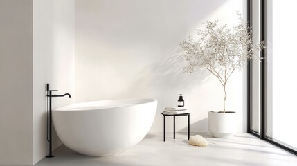 Poster - A modern, minimalist bathroom featuring a sleek oval bathtub, simple decor, and a touch of greenery for a serene atmosphere, Modern Minimalist Architecture.
