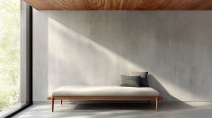 Poster - A minimalist interior featuring a sleek daybed, textured walls, and ample natural light, Modern Minimalist Architecture.