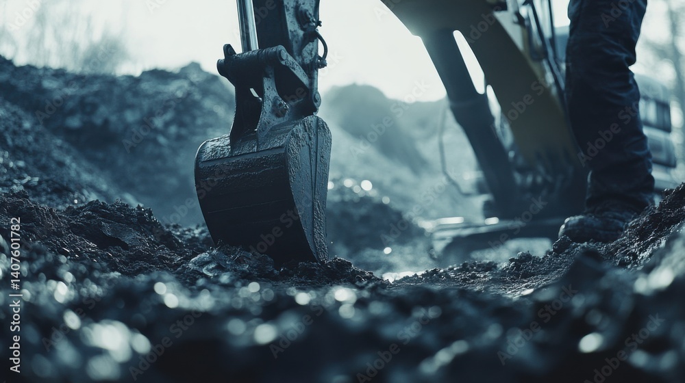 Construction worker operating an excavator to dig a foundation trench ...
