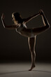 © vladimirfloyd - Silhouette of woman performing dancer pose (Natarajasana) yoga position, showcasing balance and flexibility in dramatic side lighting against dark background