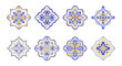 © Vodoleyka - Mediterranean blue yellow pattern set. Floral ethnic motifs for tile design. Spanish, Portuguese, or Moroccan traditional ornaments. Vector illustration.