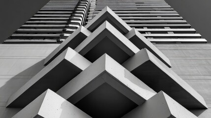 Poster - A striking black-and-white architectural image featuring geometric patterns and layered structures, showcasing modern design, Modern Minimalist Architecture.