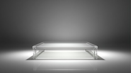 Poster - A minimalist glass display table illuminated by soft lighting, showcasing a modern design against a dark background, Modern Minimalist Architecture.