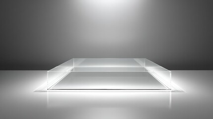 Poster - A minimalist clear display case on a sleek surface, illuminated from above, showcasing a modern design aesthetic, Modern Minimalist Architecture.