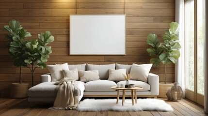 Poster - A modern living room with a cozy sofa, decorative pillows, a coffee table, and indoor plants, featuring wooden walls and natural light, Modern Minimalist Architecture.