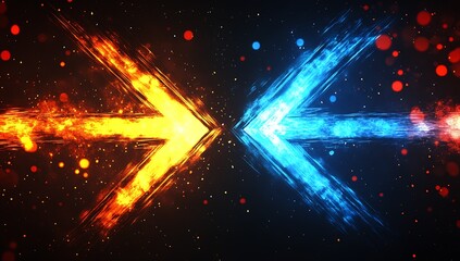 Poster - Intense visual of fiery orange and cool blue arrows colliding with bright particles against a dark backdrop : Generative AI
