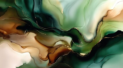 Poster - A mesmerizing abstract artwork featuring flowing colors in shades of green, brown, and gold, creating a sense of depth and movement, Modern Minimalist Architecture.