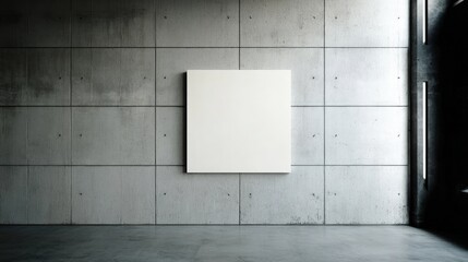 Poster - A minimalist gallery space featuring a blank canvas on a concrete wall, emphasizing simplicity and modern aesthetics, Modern Minimalist Architecture.