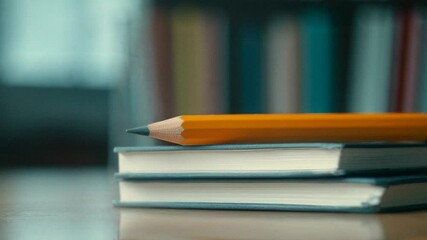 Aufkleber - Vibrant orange pencil resting on two books atop wooden desk within quiet library setting, captured through slow motion cinematography highlighting educational environment
