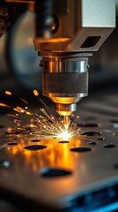 Leinwandbilder - Dynamic image of a laser cutting machine producing bright sparks while cutting metal on a workshop table : Generative AI