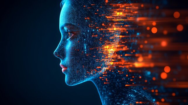Side Profile of a Futuristic Digital Woman with Glowing Data Streams and Visual Effects : Generative AI