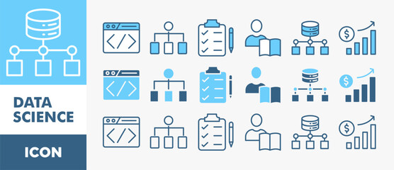 Poster - DATA SCIENCE icon set with various styles and colors data, classification, analyze, statistics, solving, decision and knowledge	

